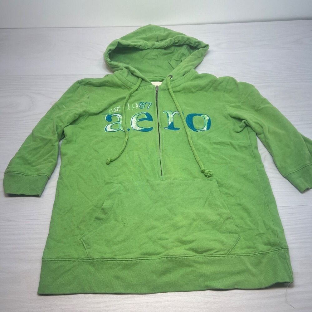 Y2K Aeropostale Hoodie Womens Jrs. XL Green‎ Aero 1/4 Zip Puff Logo Sweatshirt